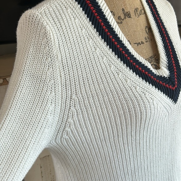Cabi Ace pullover cream knit vneck sweater bell sleeve red blue stripe side slit - Picture 6 of 16